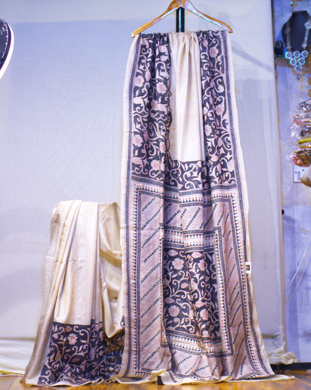 Hand Kantha Stitch Tussar Silk Saree