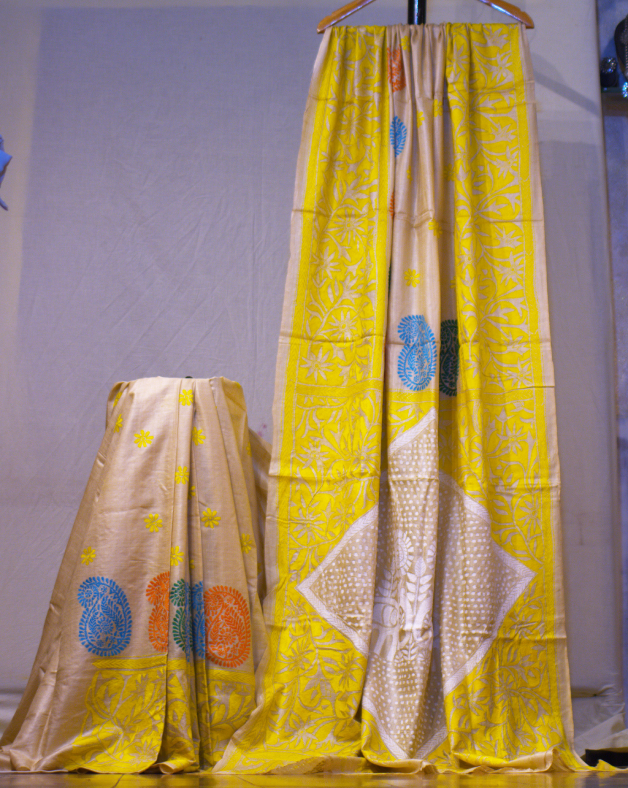 Multicolor Hand Kantha Stitch Tussar Silk Saree