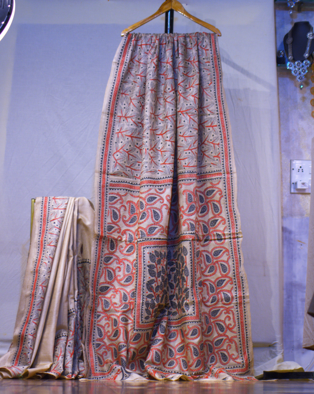 Leaf Motif Hand Kantha Stitch Tussar Silk Saree