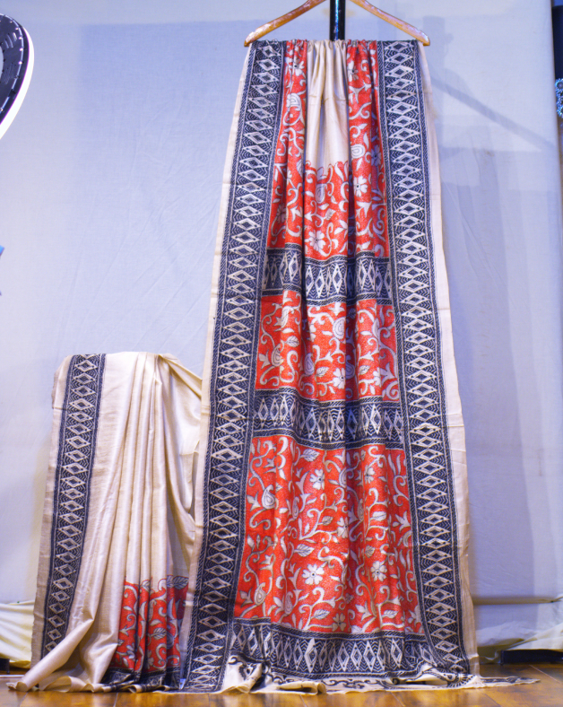 Bold Floral Hand Kantha Stitch Tussar Silk Saree