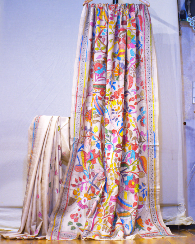 Multicolor Floral Hand Kantha Stitch Tussar Silk Saree