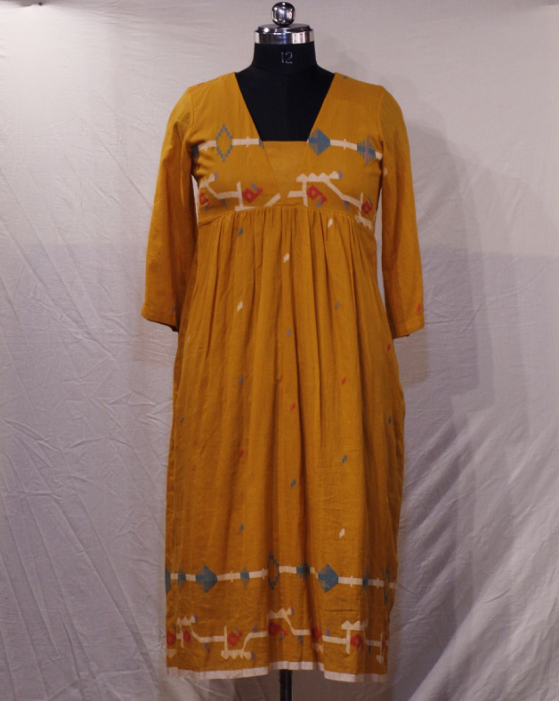 Mustard Yellow Handwoven Cotton Jamdani Dress