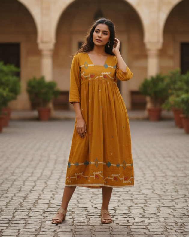 Mustard Yellow Handwoven Cotton Jamdani Dress
