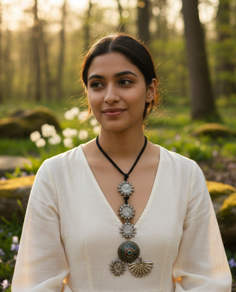 Ethnic Multi‑Pendant Necklace Silver‑Tone Statement Piece