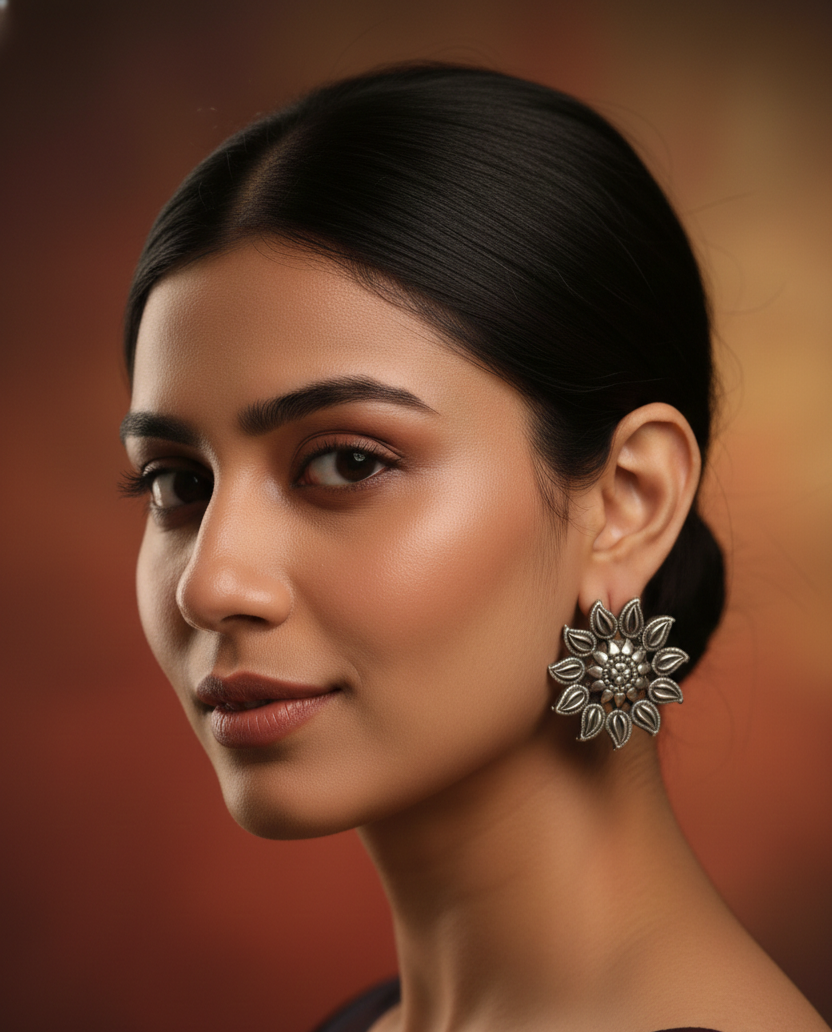 Silver Replica Flower Motif Earrings