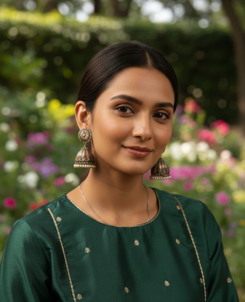 Antique‑Finish Bronze Jhumka Earrings with Pearl Accents
