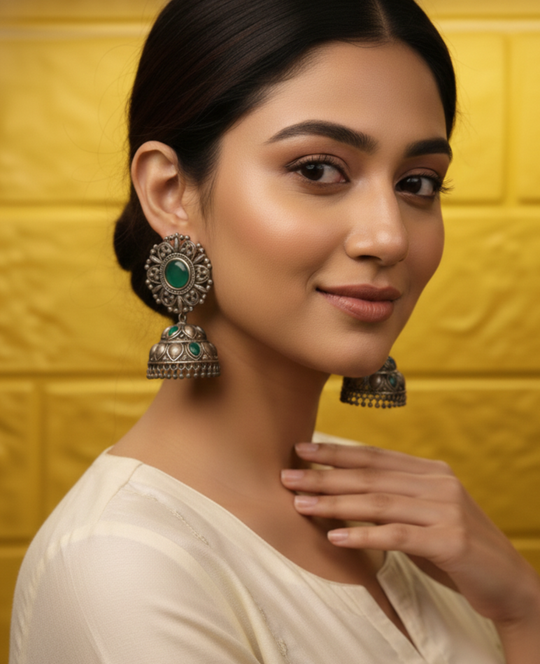 Stunning Silver Jhumkas with Emerald Green Stones