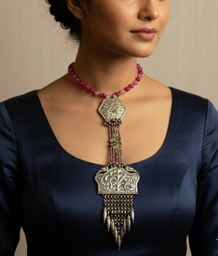 Ethnic Silver‑Tone Beaded Long Neckpiec