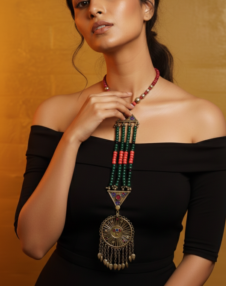 Ethnic Tribal Long Necklace with Green & Pink Beaded Design