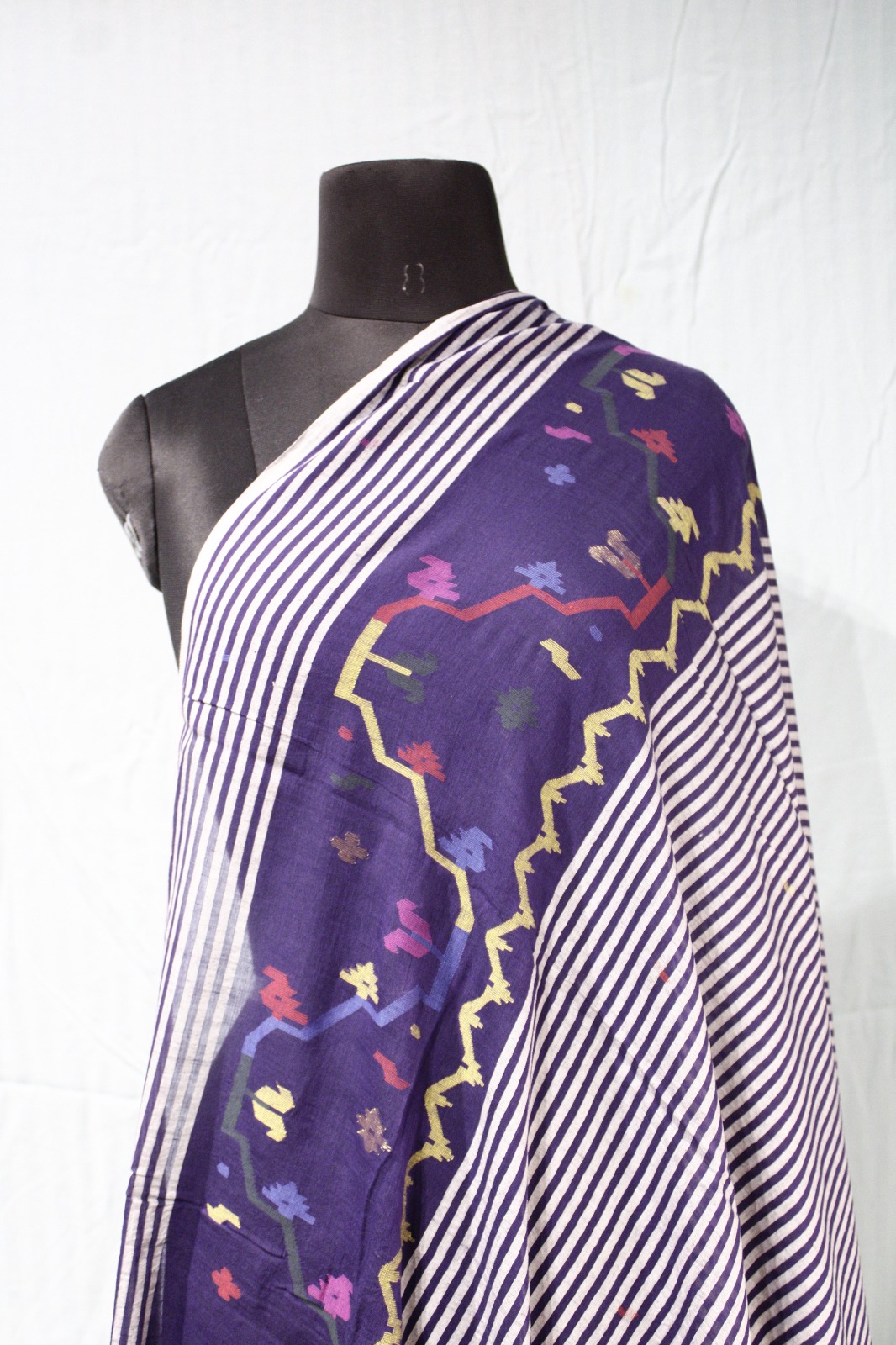 Handwoven Jamdani Cotton Fabric – Indigo Stripe & Motive Design