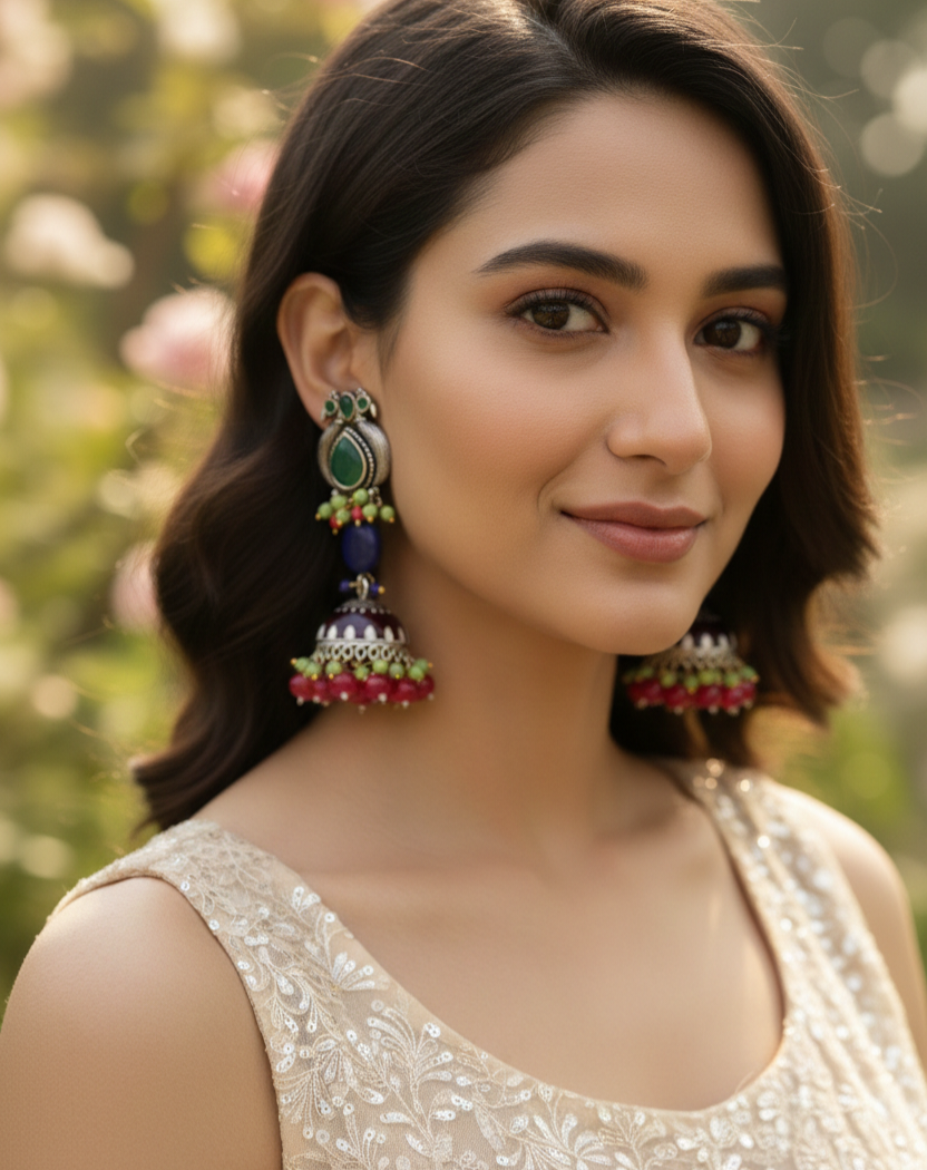 Silver Multicolour Jhumka Earrings