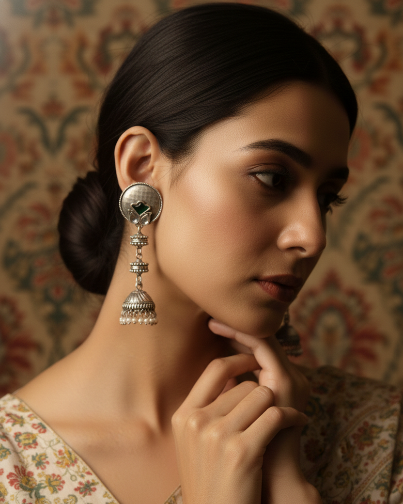 Silver  Jhumka Earrings with Green Stone