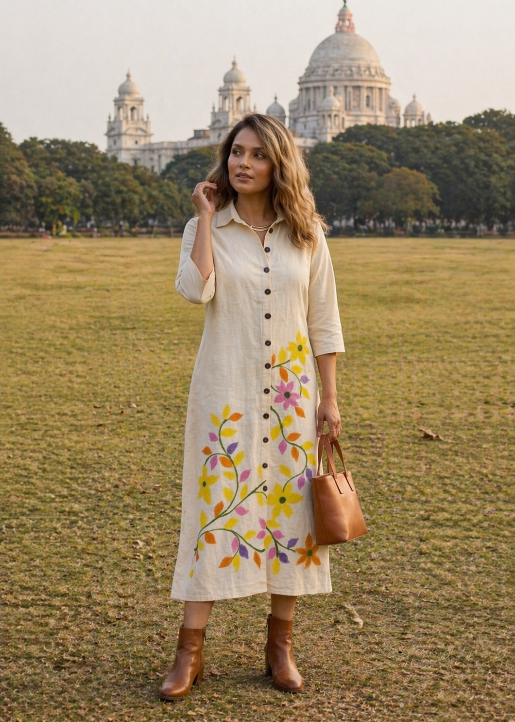 Hand-Painted Floral Cotton Shirt Dress